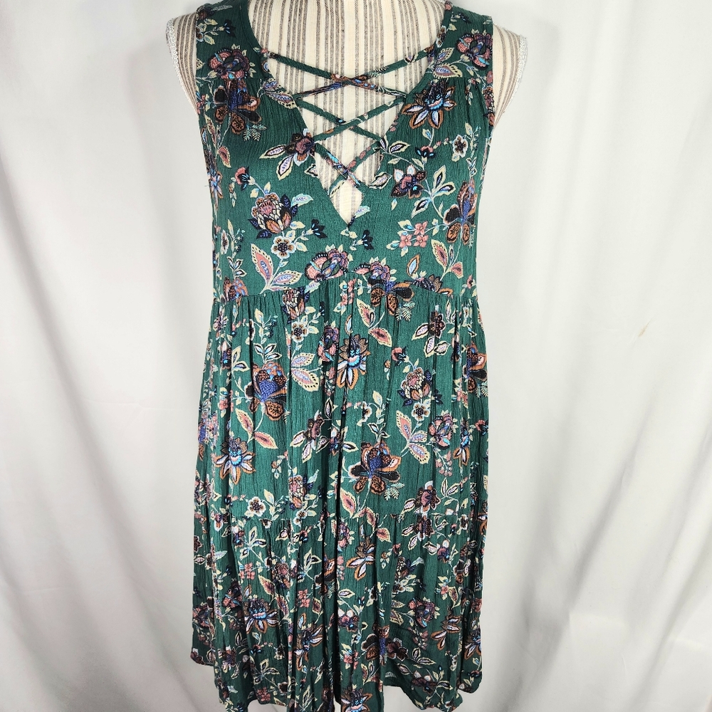 American Eagle Sleeveless BOHO Gauze Dress Green w/Flower Print Size Small